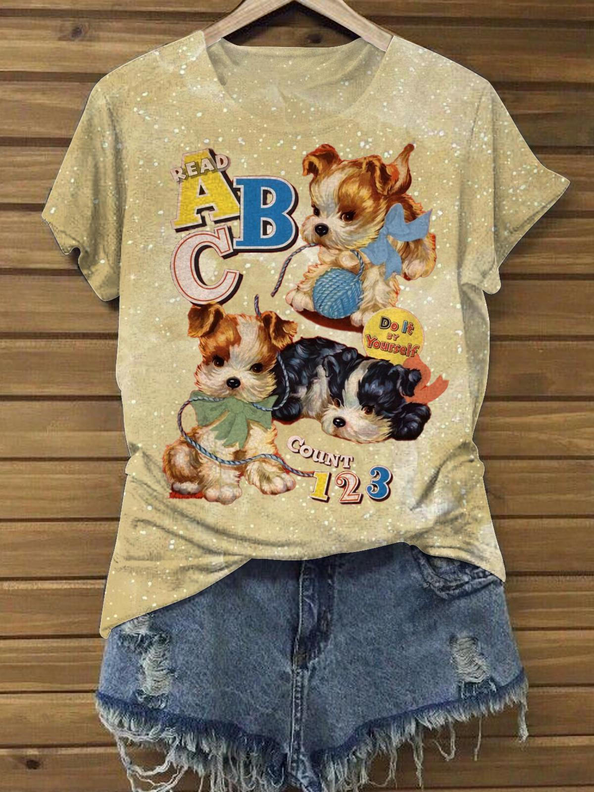 Women's ABC Cute Ouppy Retro Childlike Print Casual T-shirt