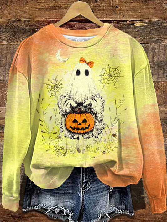 Women's Halloween Lace Ghost Round Neck Long Sleeve Top