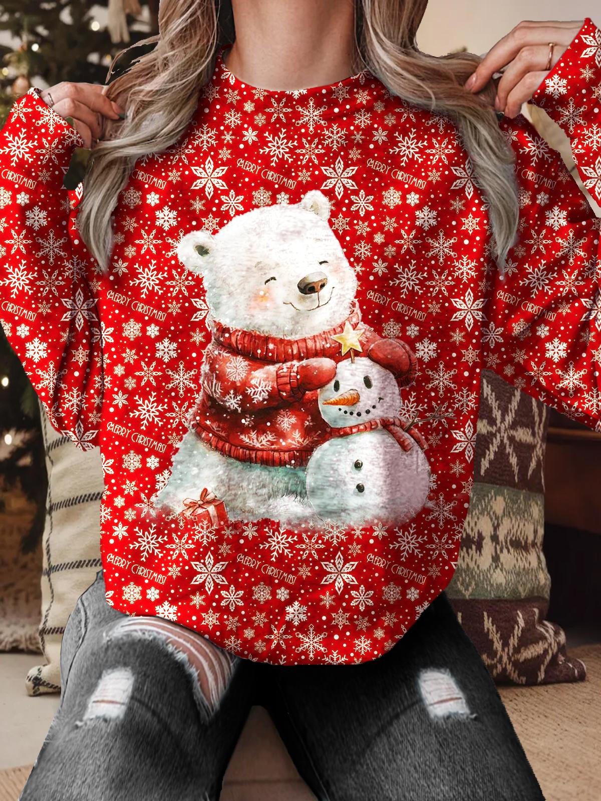 Women's Winter Christmas Polar Bear Printed Long Sleeve Casual Top