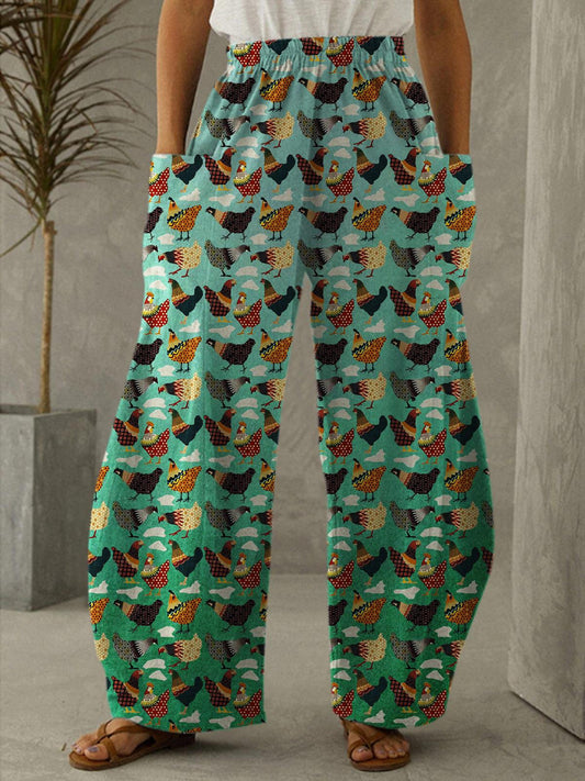 Women's Cute Chicken Illustration Retro Gradient Print Loose Casual Trousers