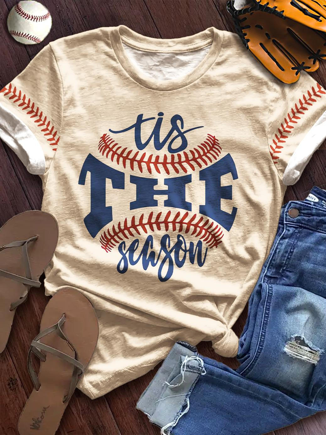 Women's Retro Casual Baseball Print Crew Neck T-shirt