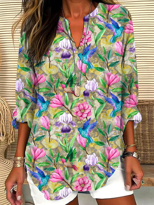 Hummingbird Flowers Print Casual Long Sleeve V-Neck Shirt