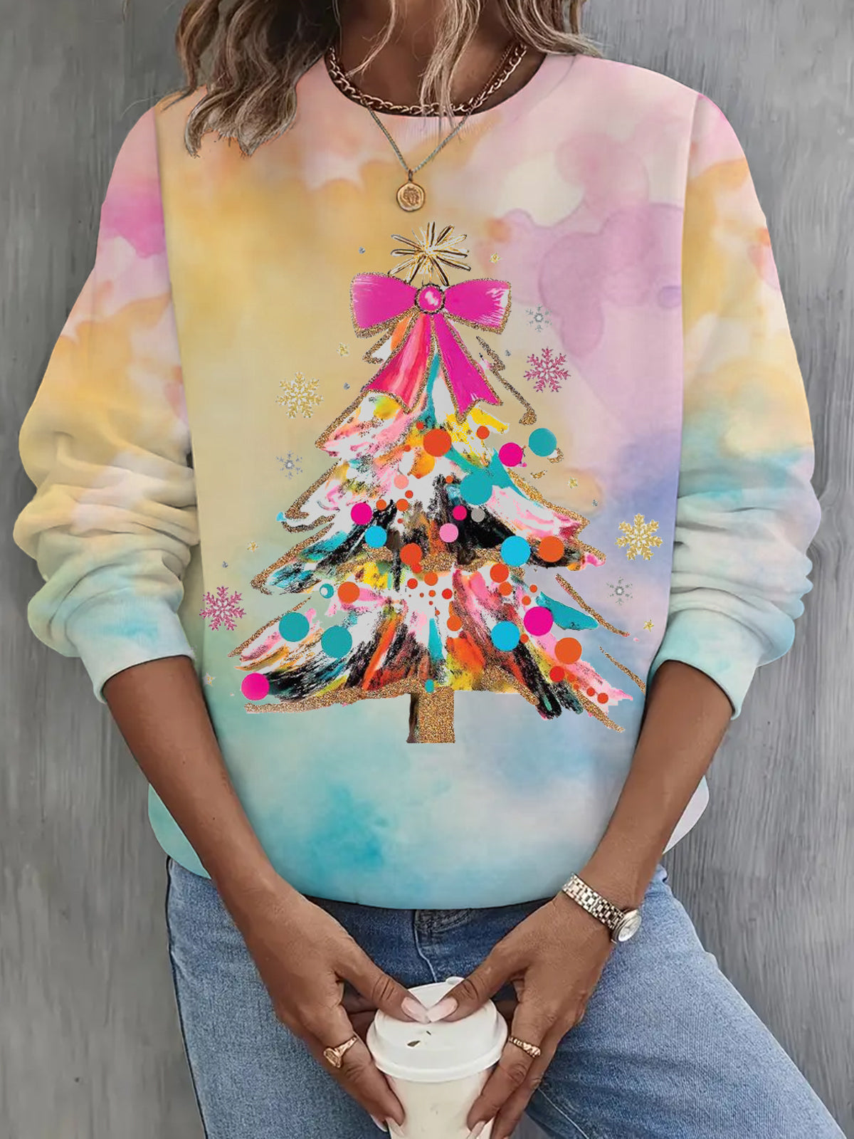 Colorful Christmas Tree Print Long Sleeve Casual Top