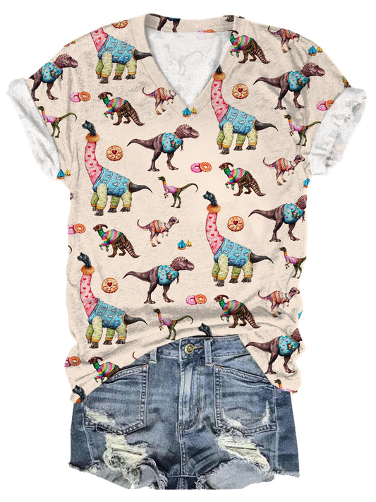 Cute Dinosaur Wearing Donut Fun Print Casual T-shirt