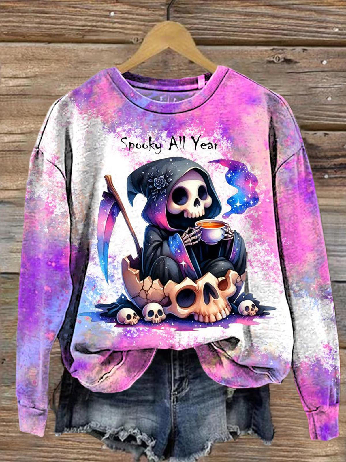 Women's Funny skull colorful Round Neck Long Sleeve Top