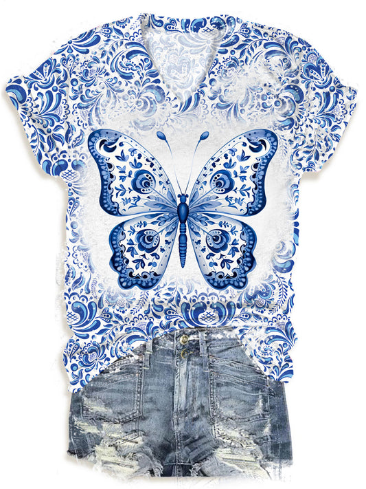 Retro Butterfly V-neck T-Shirt