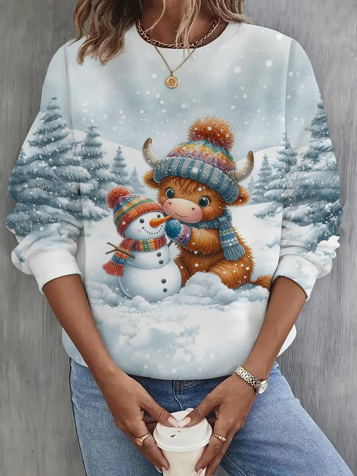 Cute Cow And Snowman Long Sleeve Casual Top