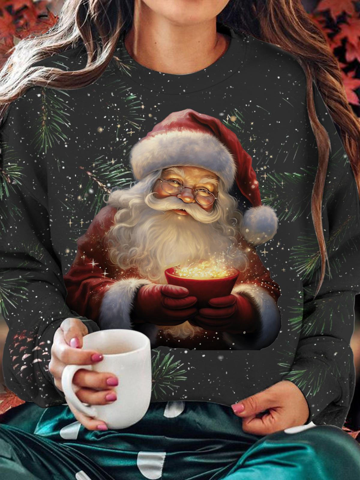 Warm Christmas Eve Printed Long Sleeve Casual Top