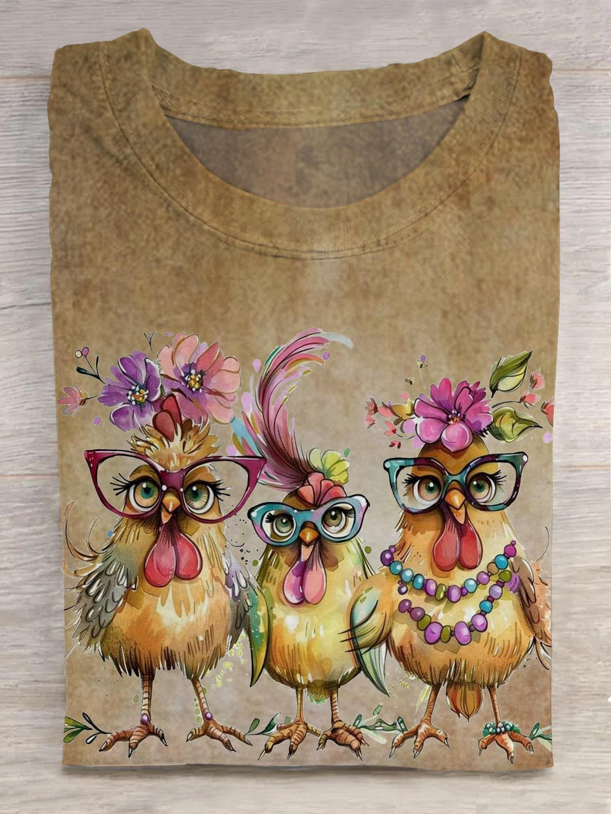 Women's Chicken Vintage Floral Holiday Print Casual T-Shirt