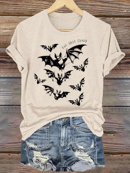 Halloween Darkness Bat Printed Crew Neck T-shirt