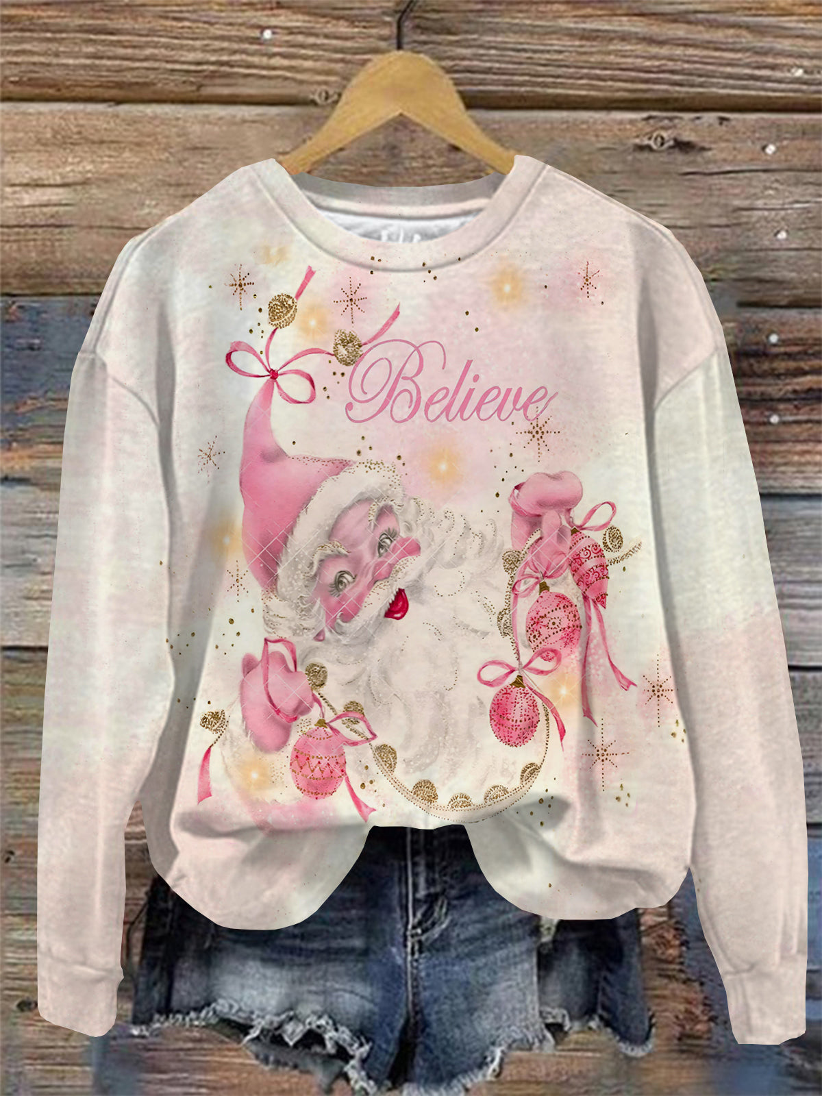 Pink Santa Print Round Neck Long Sleeve Top