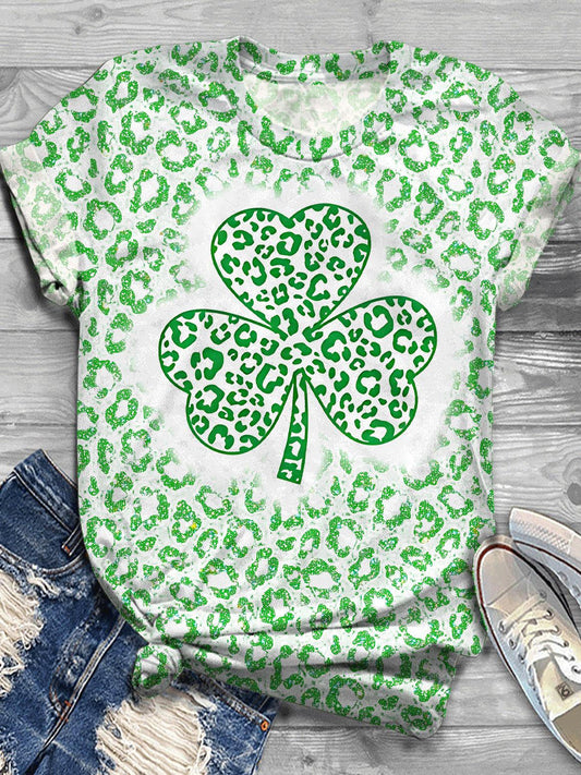 St. Patrick's Day Lucky Leopard Four Leaf Clover Print Crew Neck T-shirt