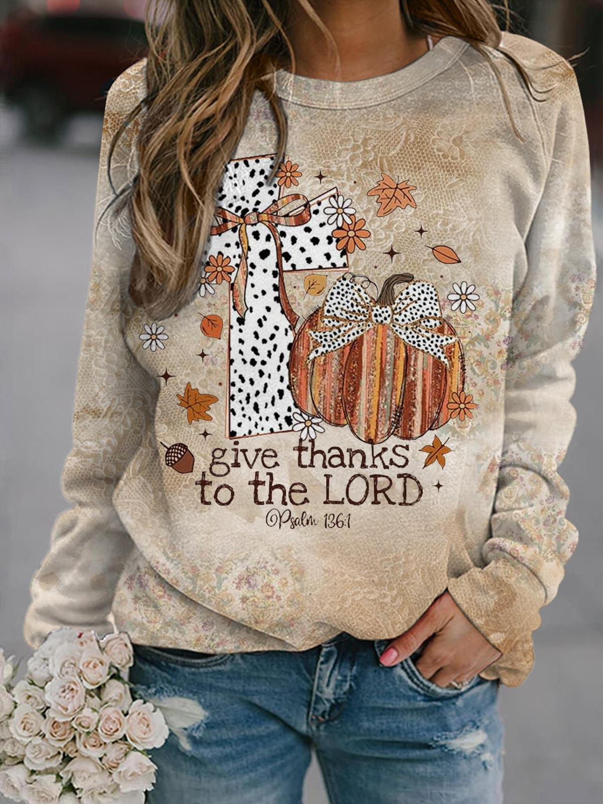 Women's Give Thanks To The Lord Pumpkin Print Long Sleeve Top