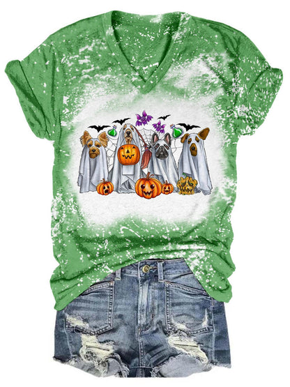 Trick Or Treat Ghost Puppies Tie Dye V-Neck T-Shirt