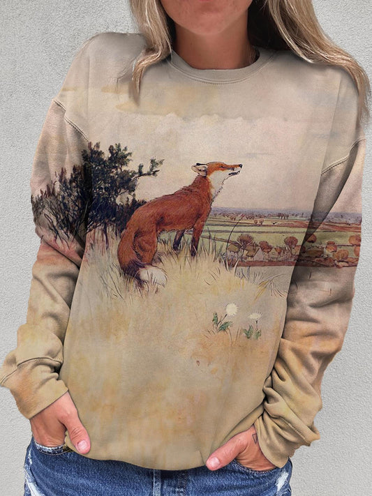 Women's Fox Prairie Retro Print Casual Long Sleeve Top