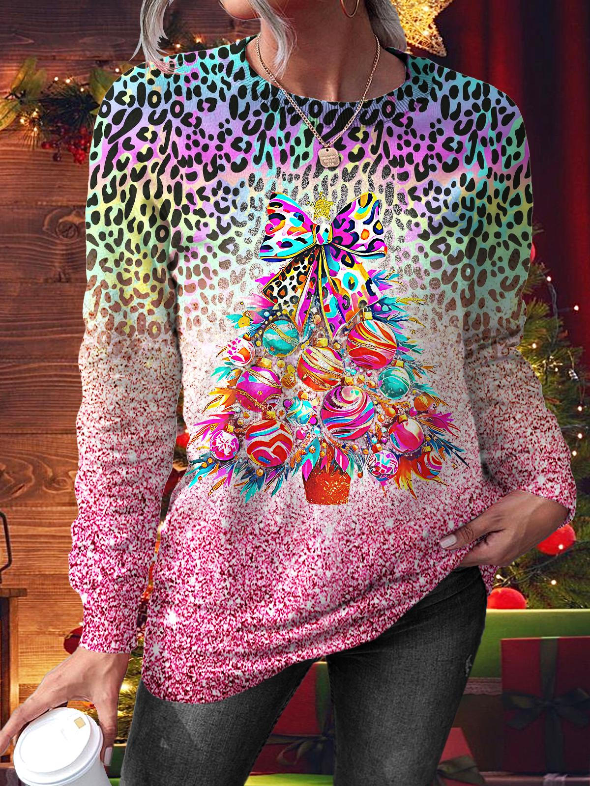 Women's Colorful Leopard Print Christmas Tree Printed Long Sleeve Casual Top