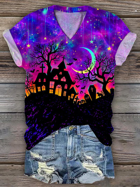 Starry Halloween Night V-Neck Short Sleeve T-Shirt