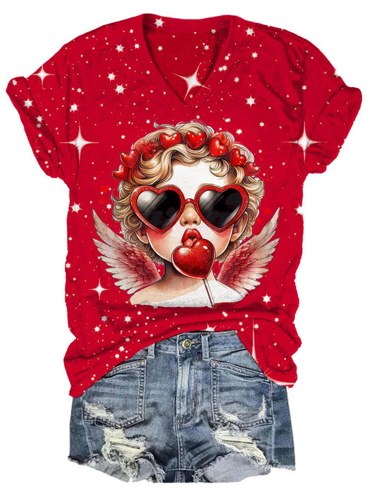 Happy Valentine's Day Cupid Angel Cute Star Print Casual T-shirt