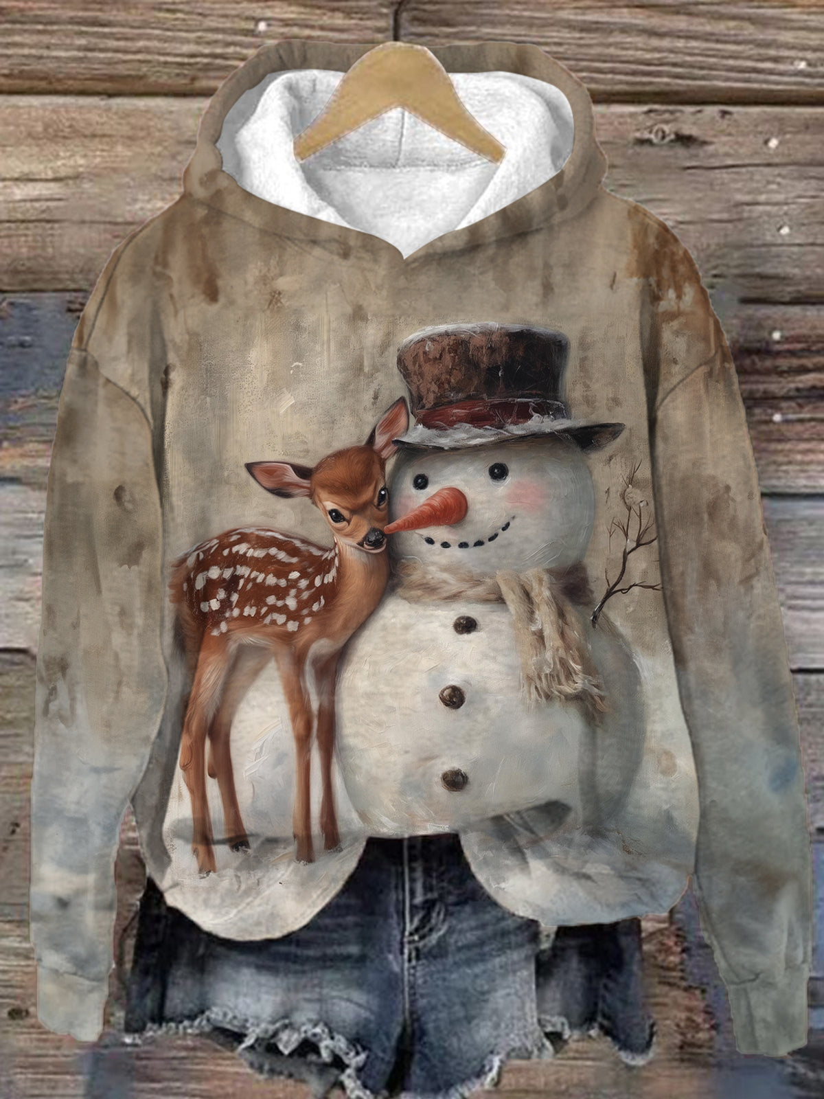 Snowman And Deer Retro Long Sleeve Printed Hoodie