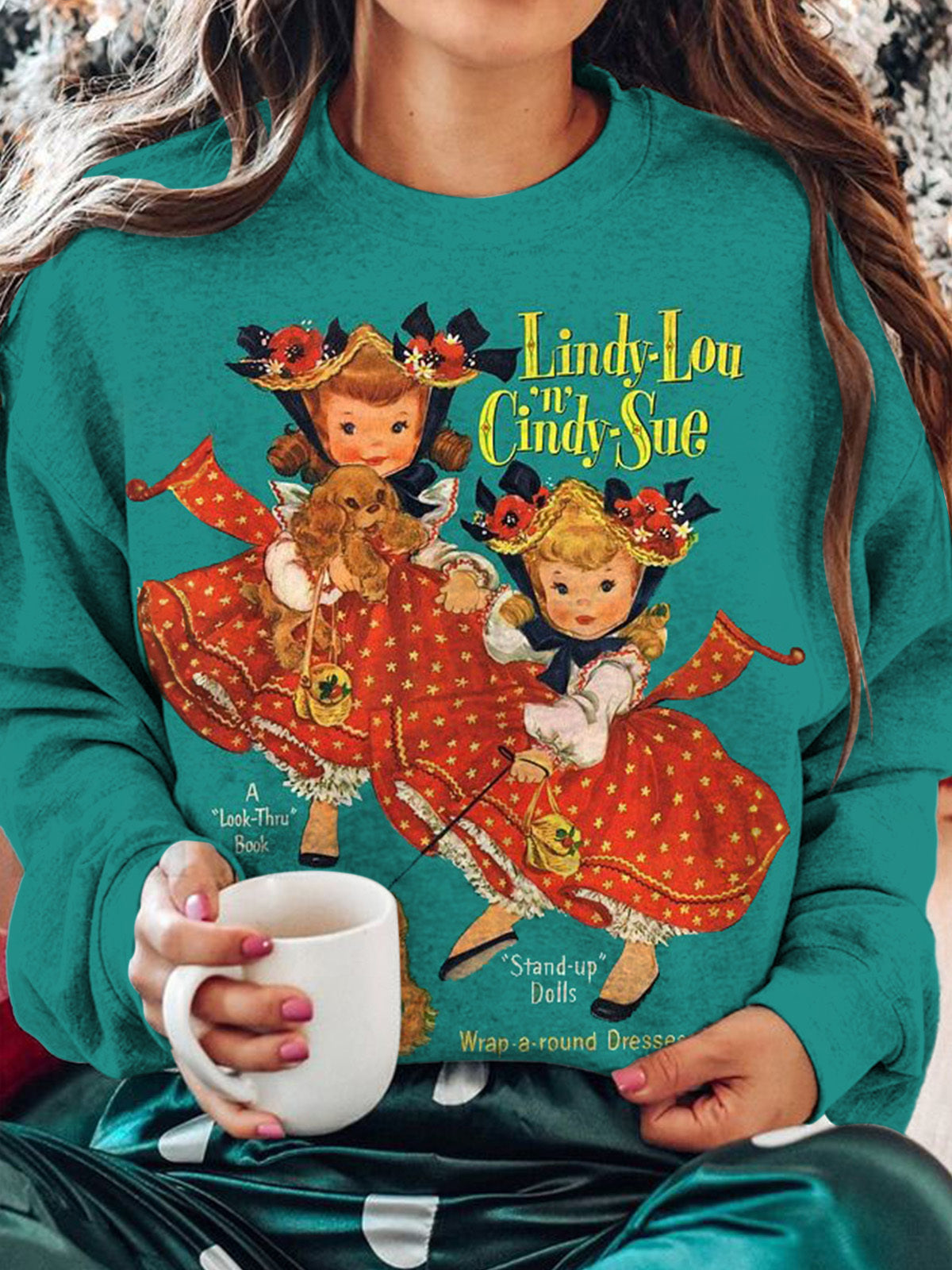 Womens Linda Lou Cindy Sue Christmas Girls Vintage Print Casual Long Sleeve Top