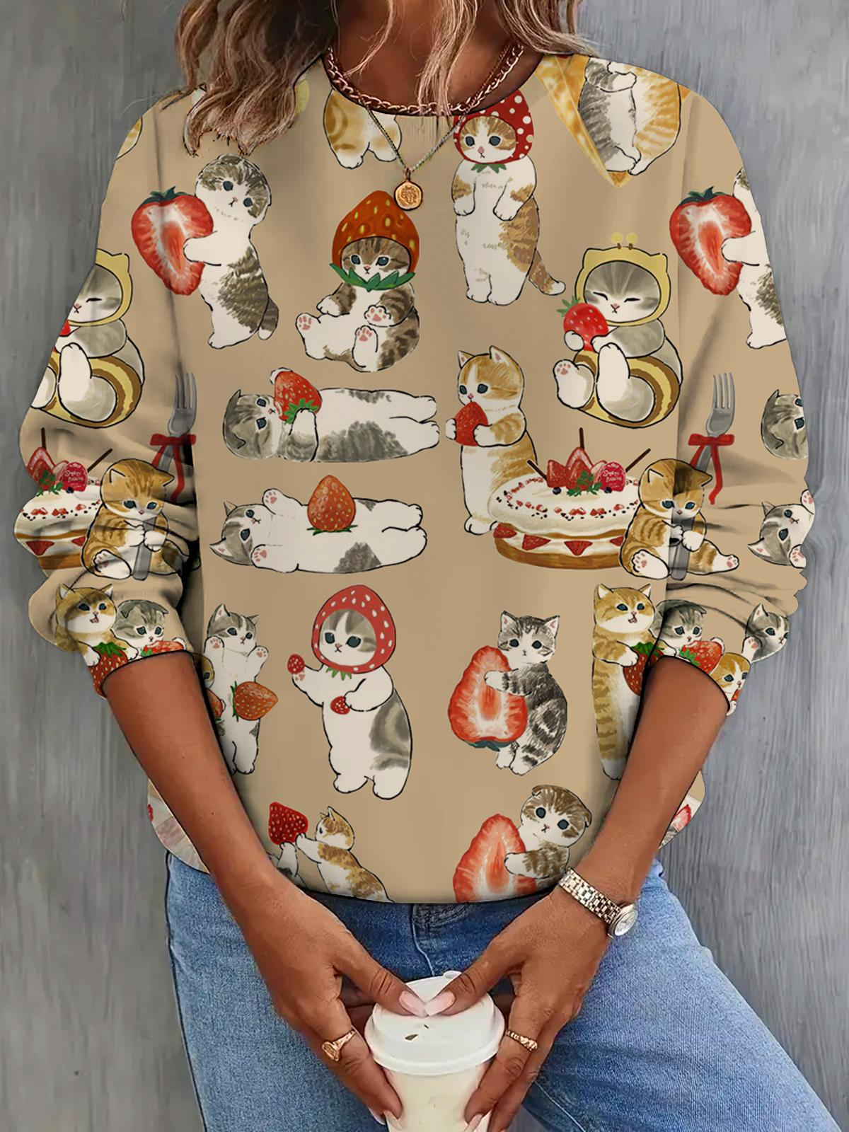 Women's Cute Cat Strawberry Retro Print Long Sleeve Top