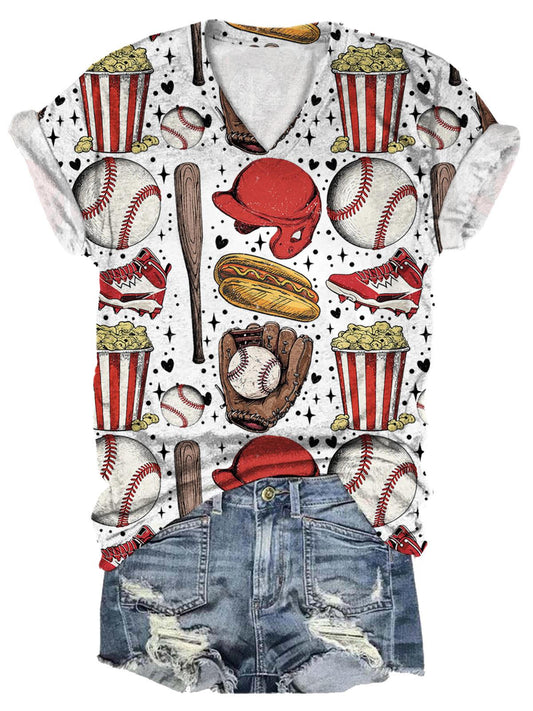 Baseball Team Props Game Popcorn Vintage Fun Print T-shirt