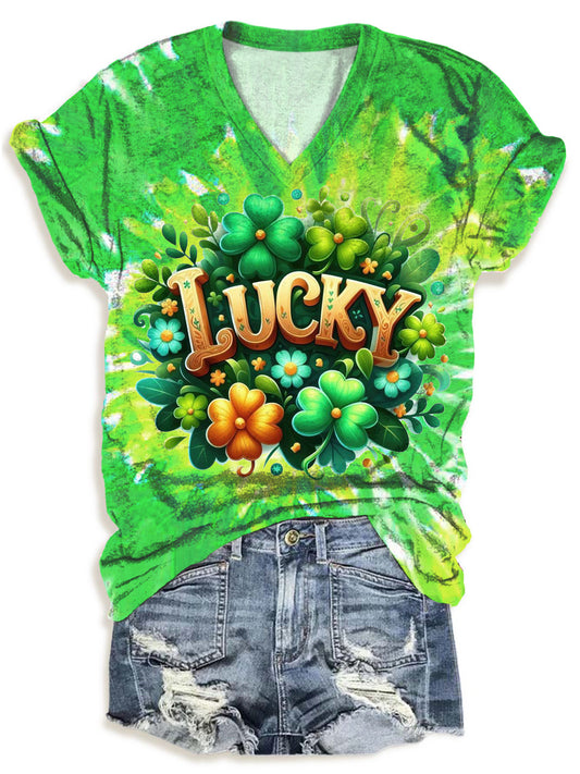 St. Patrick Day Lucky Four Leaf Clover V-Neck T-Shirt