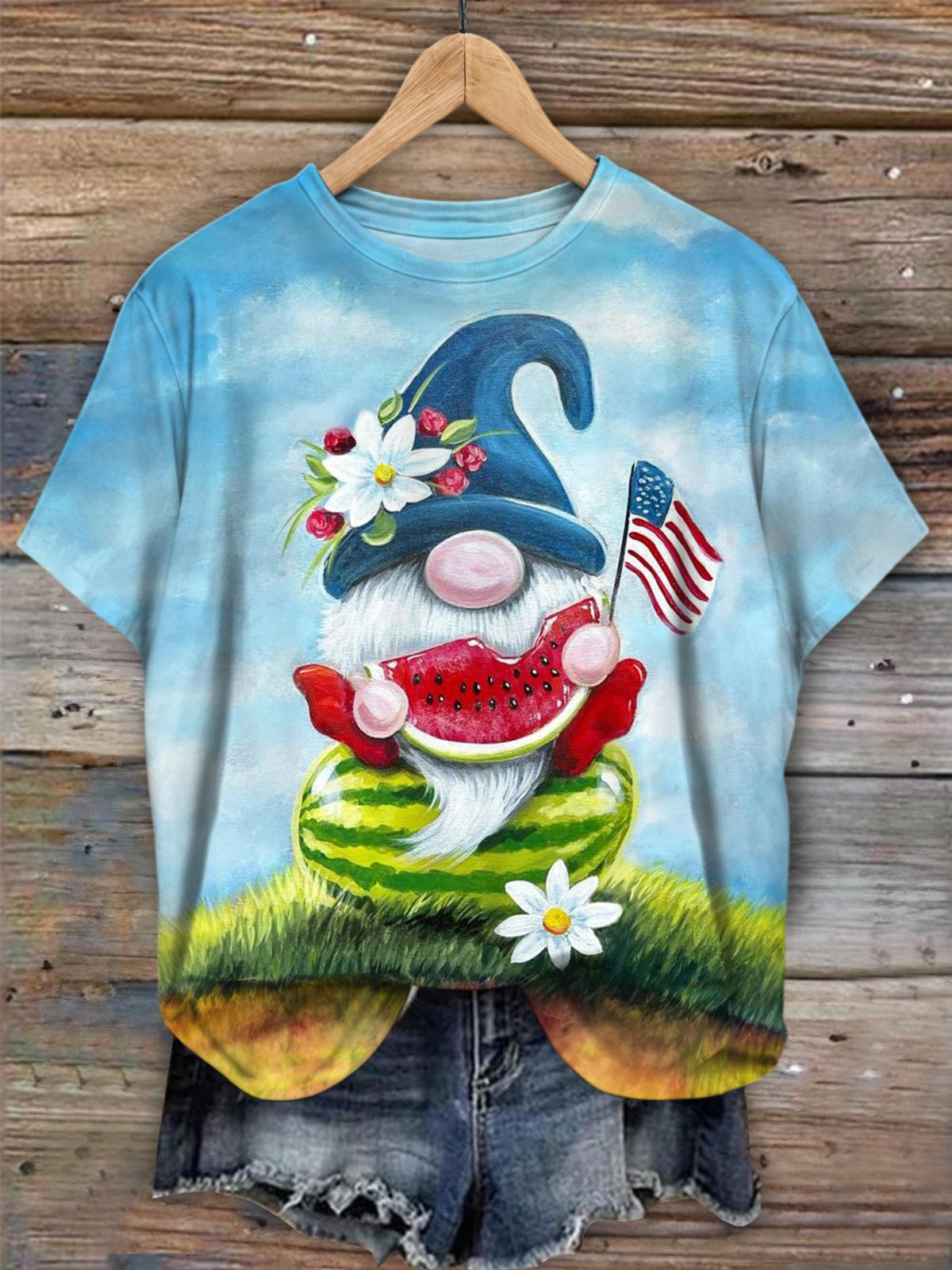 Watermelon Flag Gnome Crew Neck T-shirt