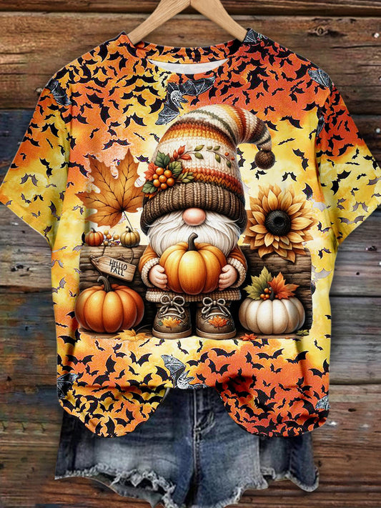 Gnome Pumpkin Halloween Gradient Print Short Sleeve T-Shirt