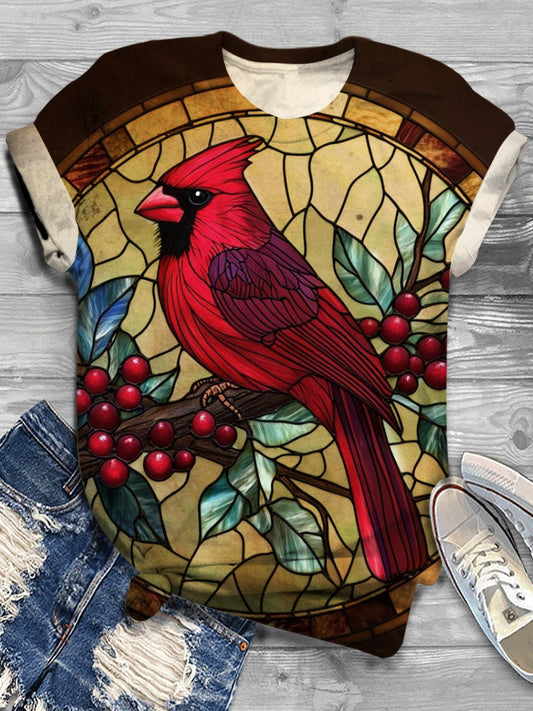 Women's Vintage Christmas Cardinal Crew Neck T-shirt