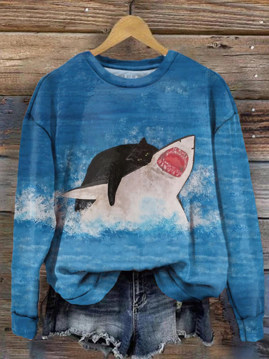 Women's Cat Shark Ocean Fun Print Long Sleeve Top