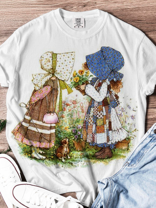 Vintage Girls Spring Outing Floral Garden Print Casual T-shirt