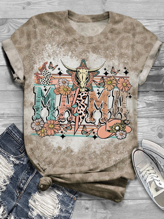 Mama Mother's Day Western Denim Vintage Casual Print T-shirt