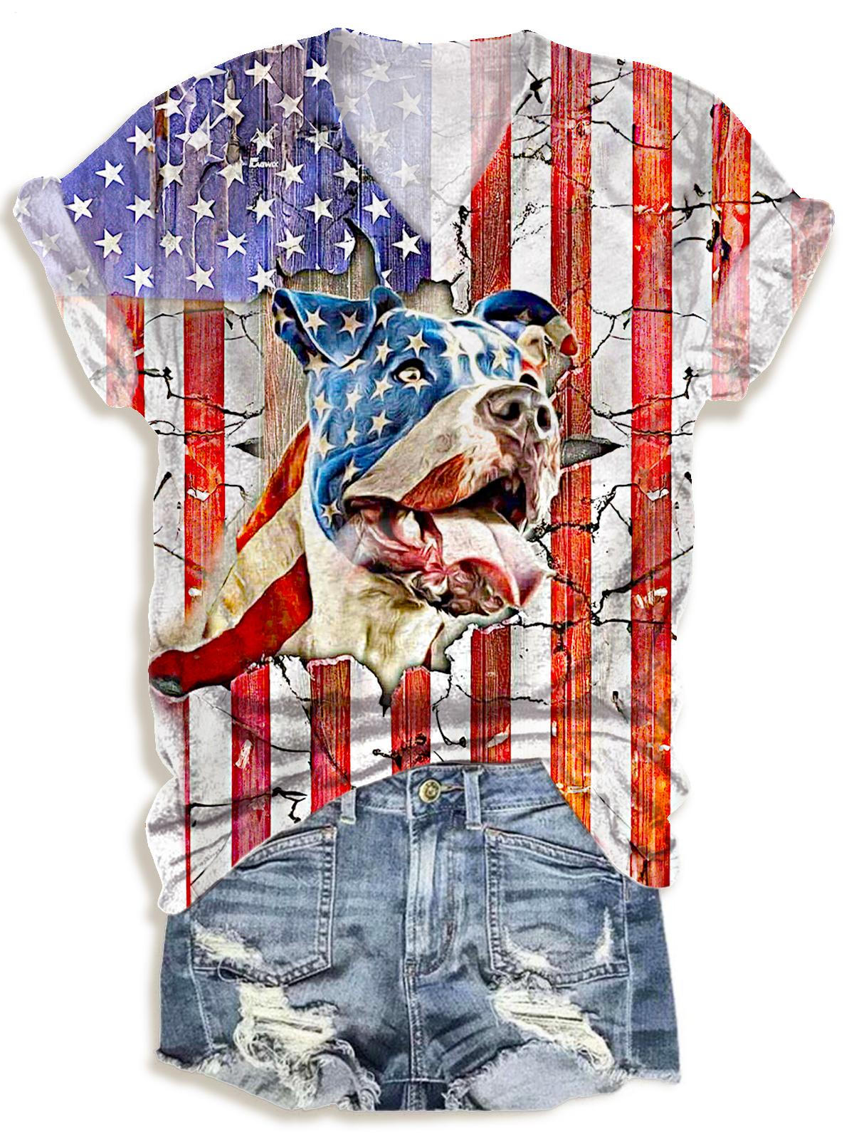 Flag Dog Print V-neck T-Shirt