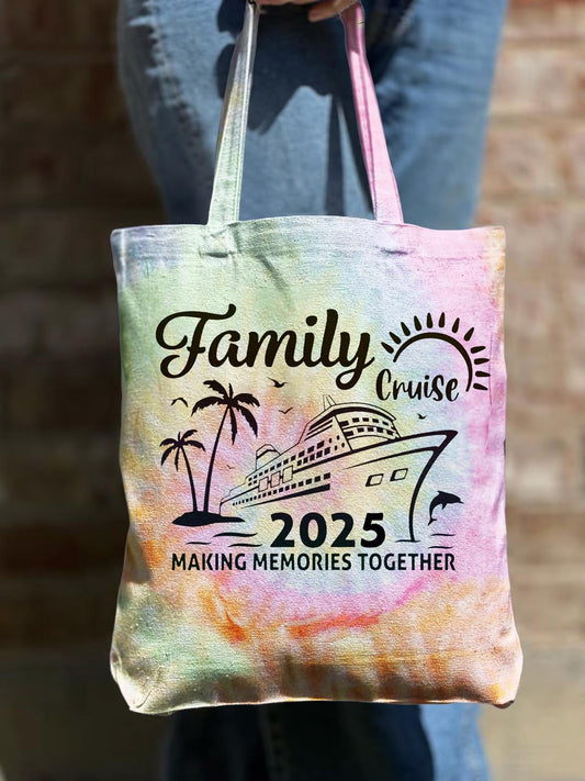 Family Cruise Print Tie Dye Shoulder Zipper Canvas Bag