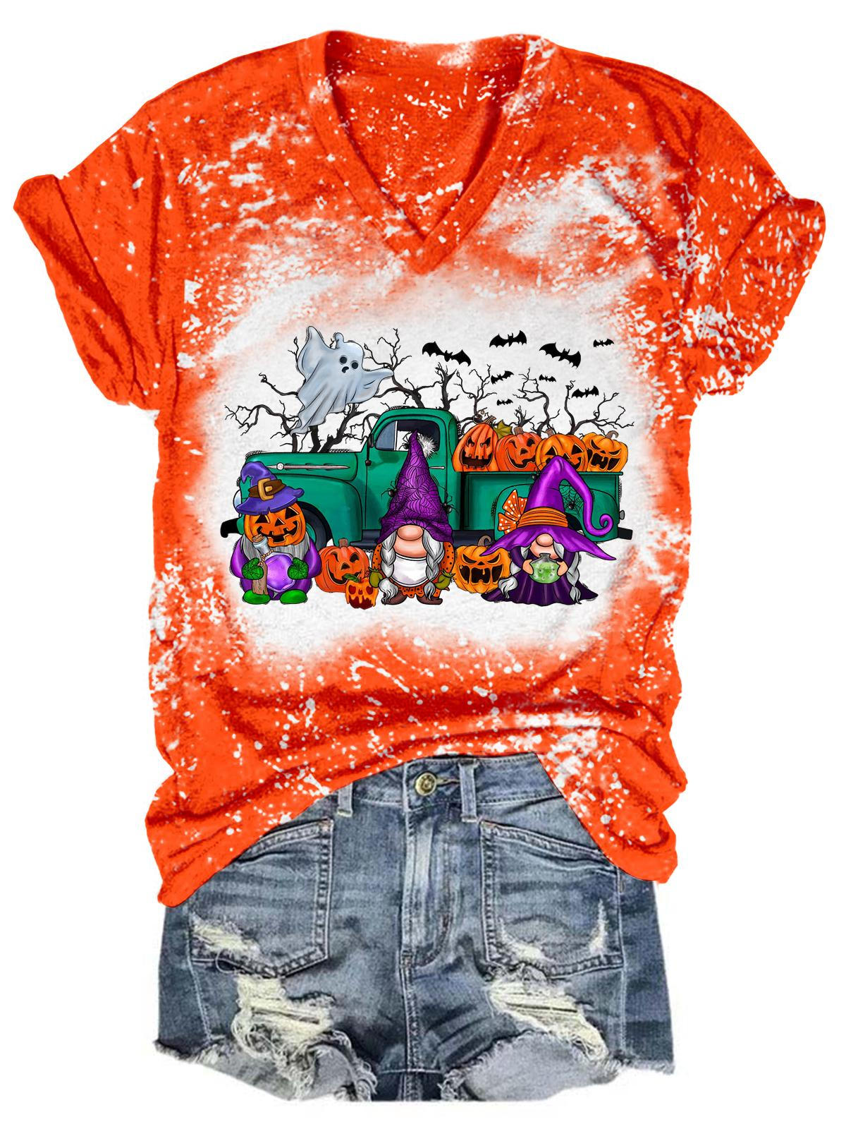 Spooky Pumpkin Truck Gnomes Tie Dye V Neck T-Shirt