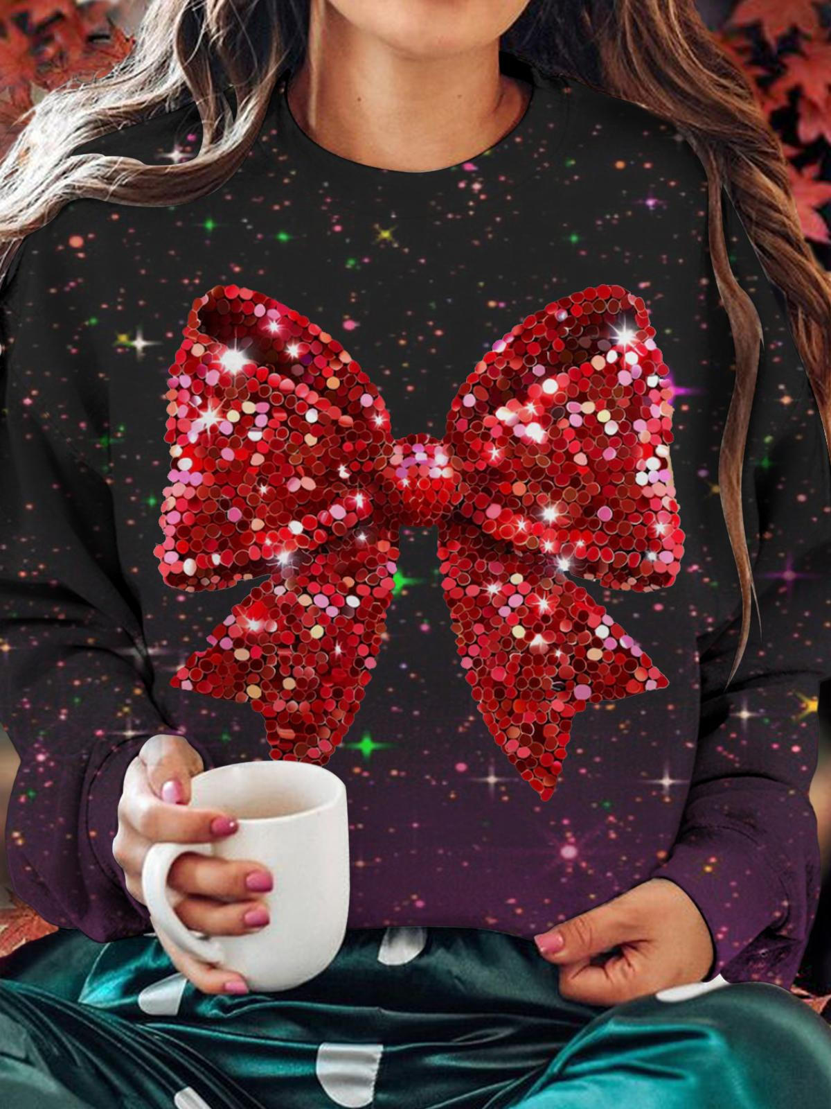 Big Bow Christmas Printed Long Sleeve Casual Top