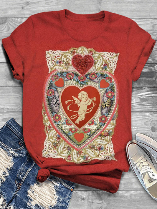 Women's Vintage Valentine's Day Imitation Craft Hand-painted Angel Print T-shirt