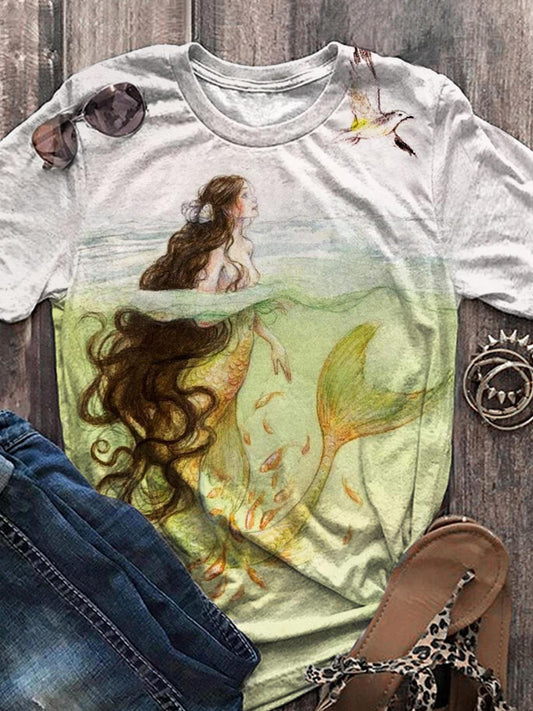 Vintage Mermaid and Bird Print Casual Top