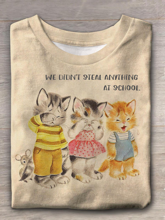 Cute And Funny Cat Thief Print Round Neck Short Sleeve T-shirt