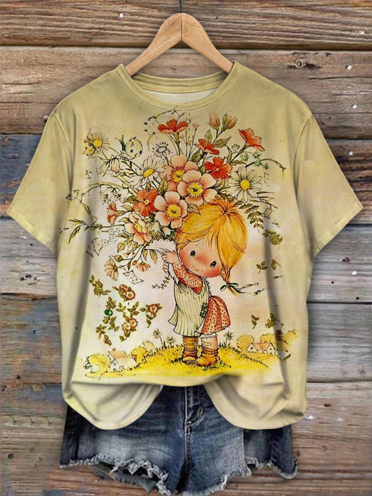 Vintage Holding Flower Girl Crew Neck T-shirt