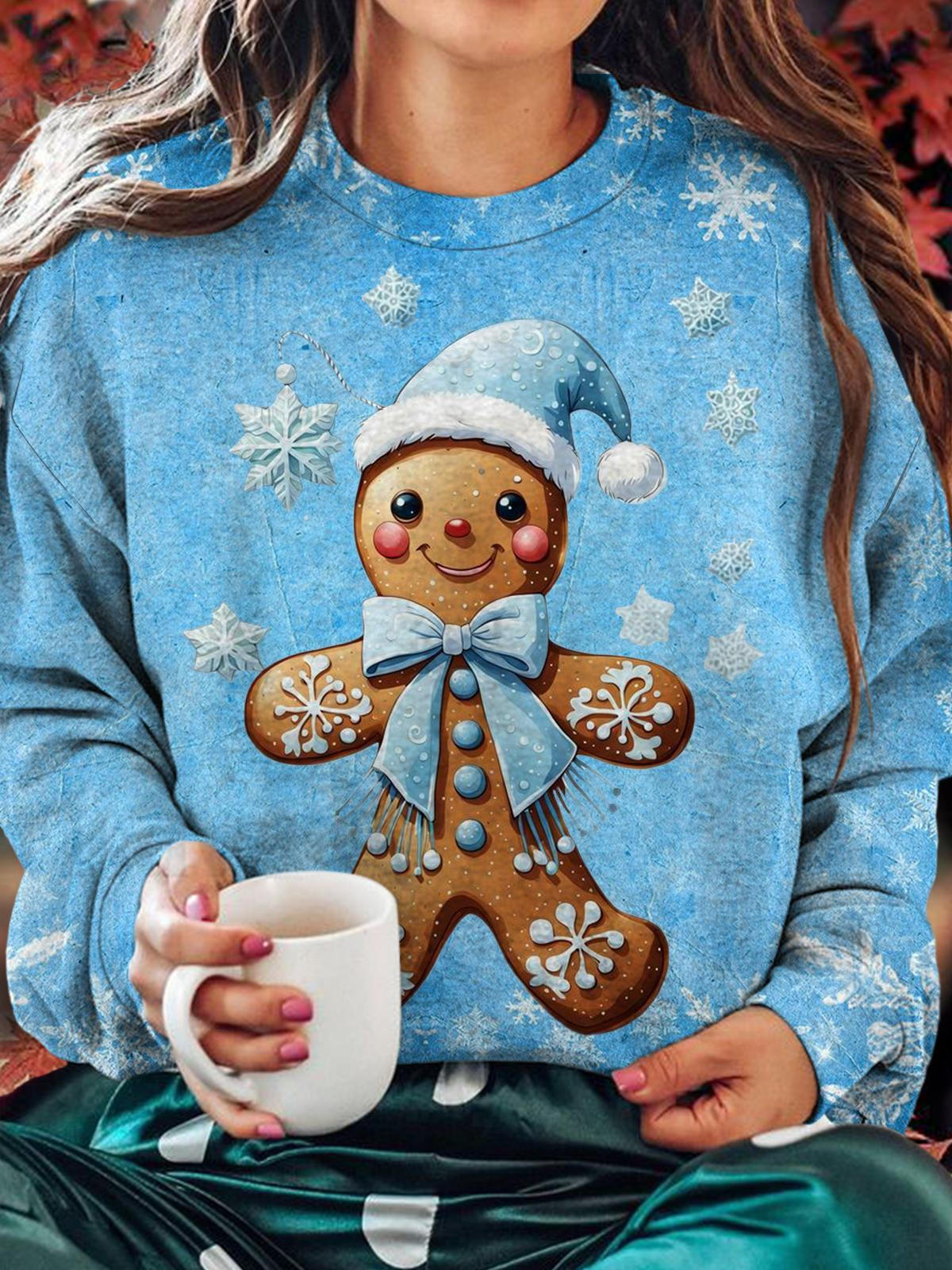 Women's Gingerbread Blue Hat Round Neck Long Sleeve Top