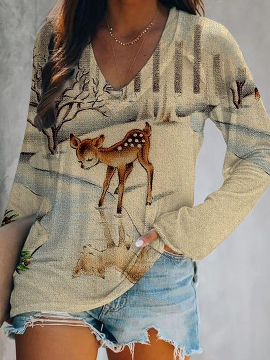 Women's Christmas Elk Forest Vintage Print Casual Long Sleeve Top