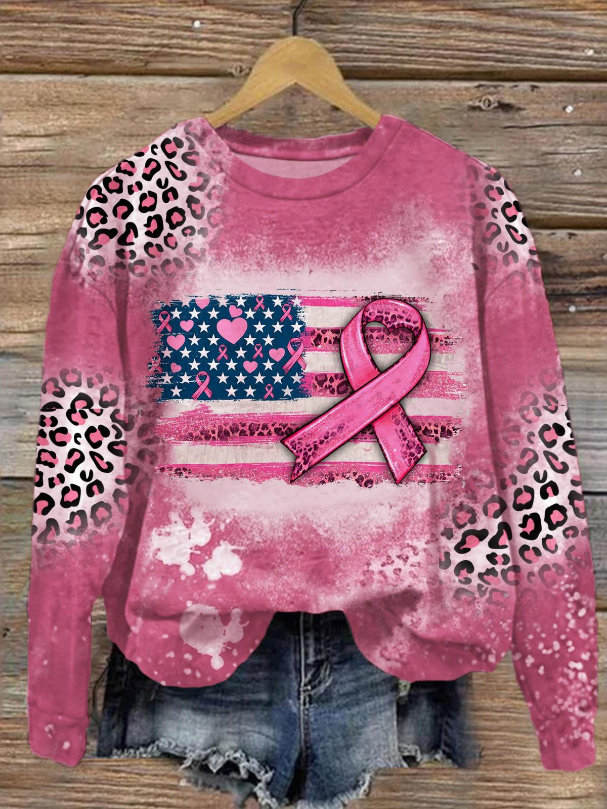 Women's Leopard American Cancer Flag Long Sleeve Top