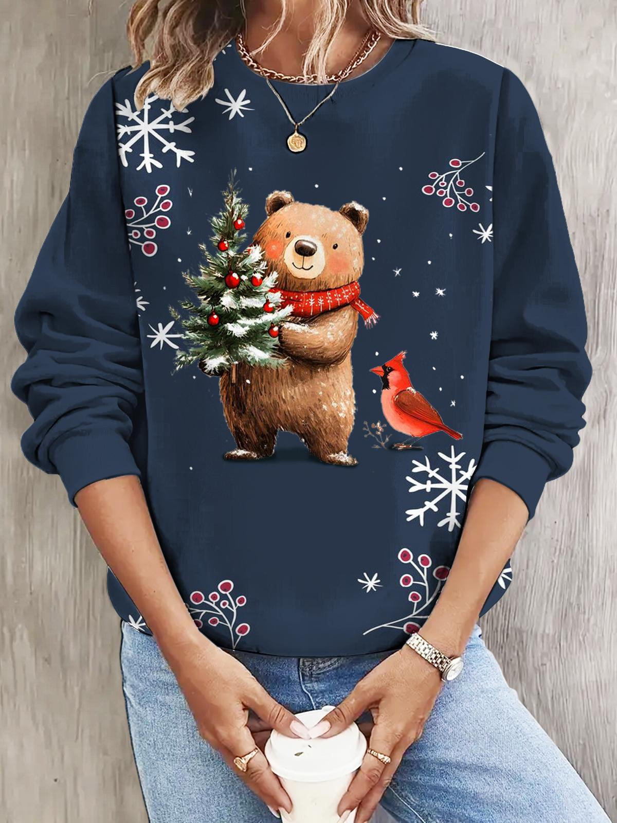 Women's Bear With Christmas Tree Vintage Print Long Sleeve Casual Top