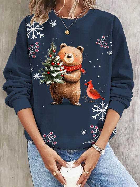 Women's Bear With Christmas Tree Vintage Print Long Sleeve Casual Top