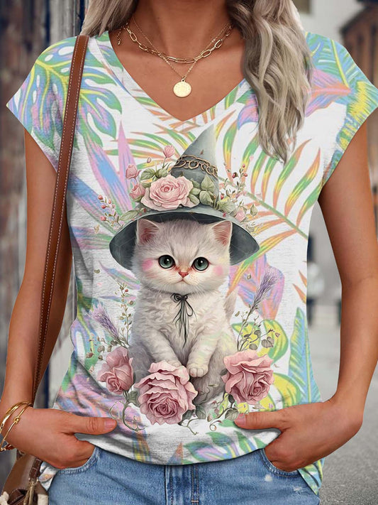 Women's Summer Floral Plant Cat Casual Loose Vest Top