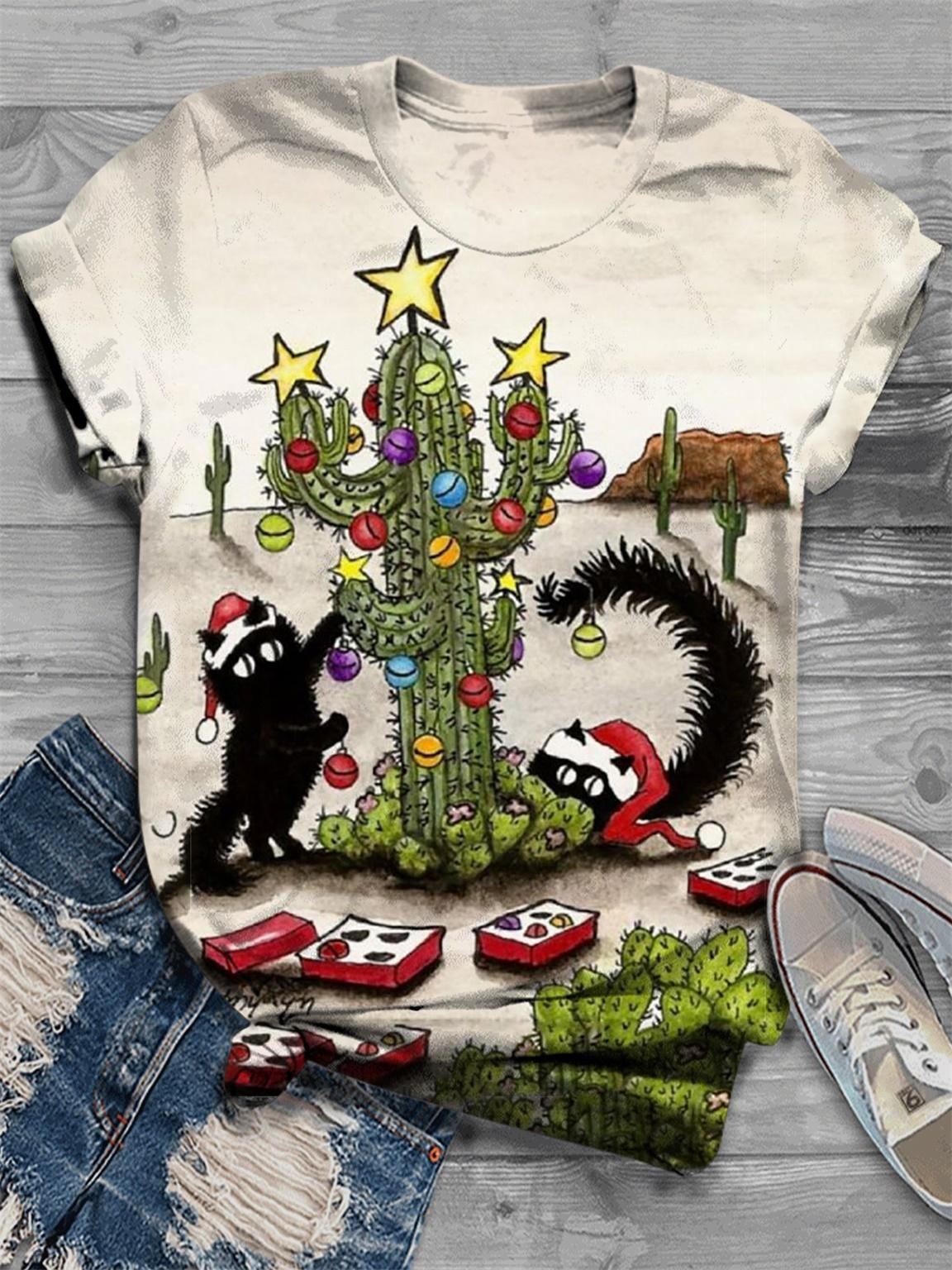 Christmas Cactus Cat Print Crew Neck T-Shirt