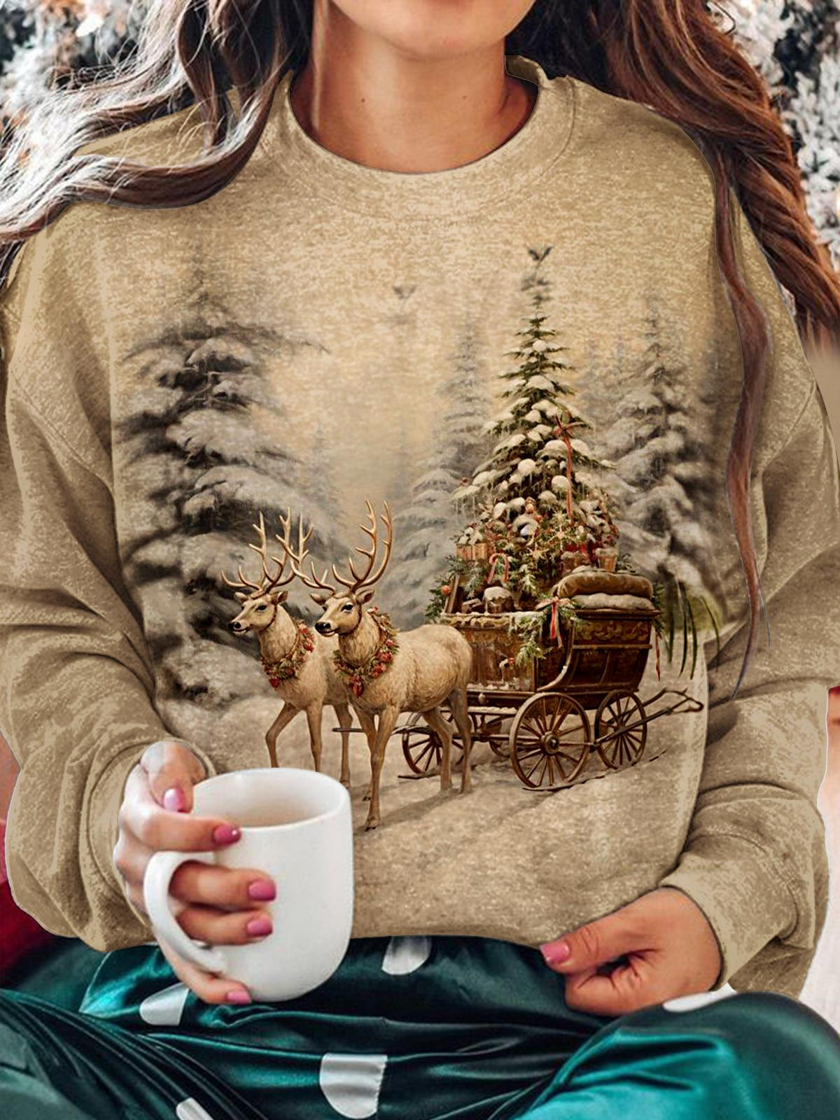 Women's Christmas Snow Reindeer Printed Long Sleeve Casual Top