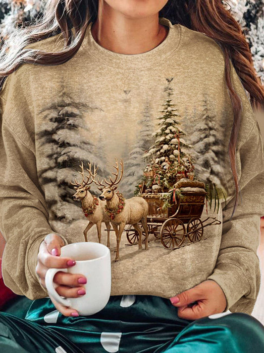 Women's Christmas Snow Reindeer Printed Long Sleeve Casual Top